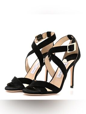 JIMMY CHOO Lottie Black Suede Heels Sandals Size 36.5